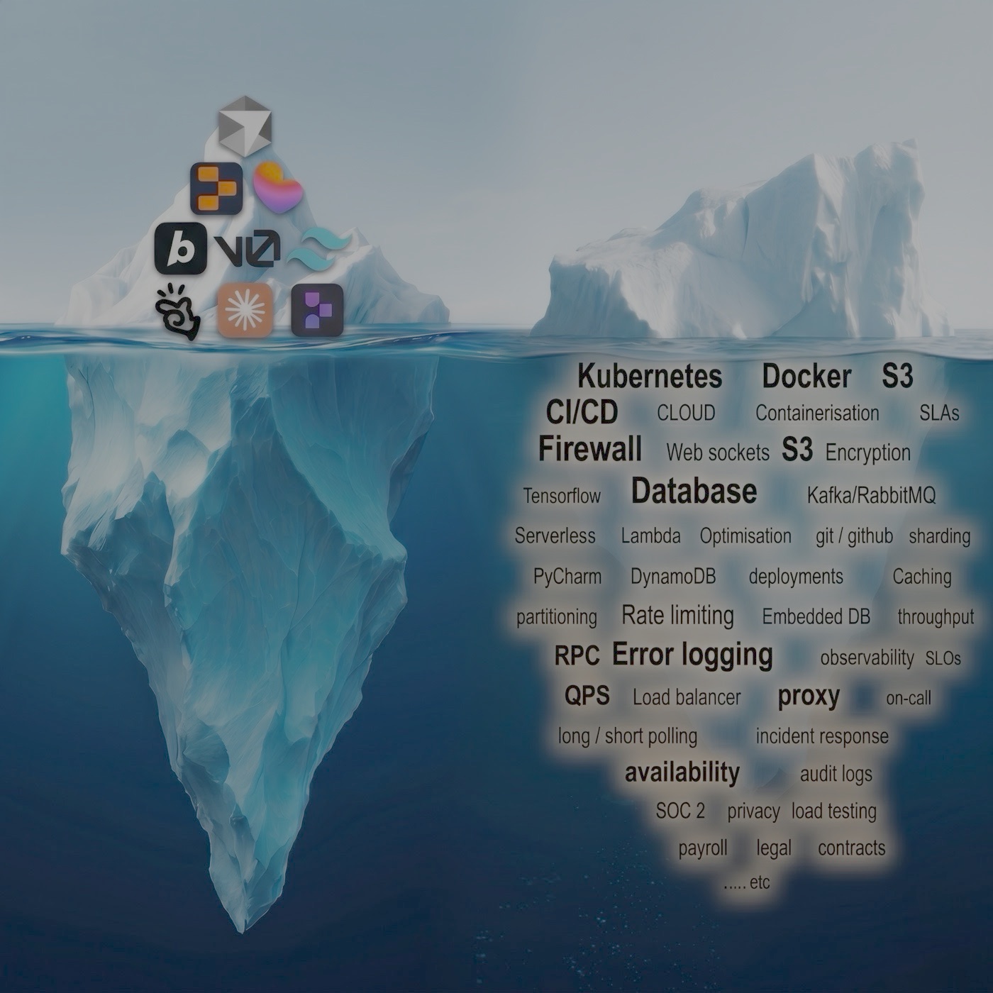An iceberg — a cluster of app icons floats above the waterline; below sits the production stack: Kubernetes, Docker, S3, CI/CD, firewall, database, observability, SOC 2, and more.